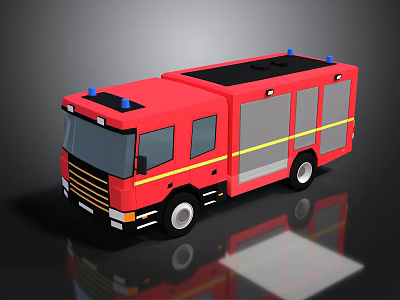 Red Fire Truck 3D Rendering With Yellow Stripes And Blue Emergency Lights Shiny Surface 3d model