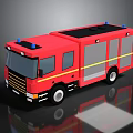 Red Fire Truck 3D Rendering With Yellow Stripes And Blue Emergency Lights Shiny Surface