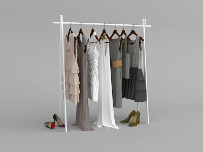 Stylish Layered Dresses In Various Colors On White Clothing Rack With Shoes 3d model