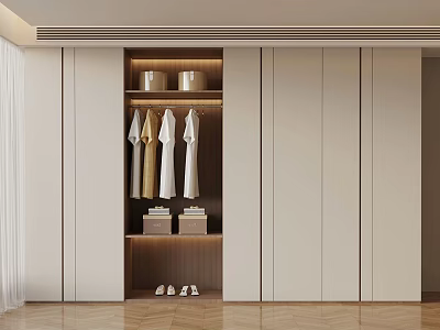 Modern Built in Wardrobe Interior With Hanging Clothes Storage Boxes And Shoes 3d model