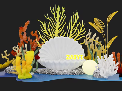 White Seashell Photo Spot With Colorful Coral Green Seagrass And Glowing Ball 3d model