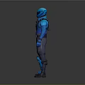 Blue Masked Game Character In Full Body Armor With Black Tactical Gear And 3D Standing Model