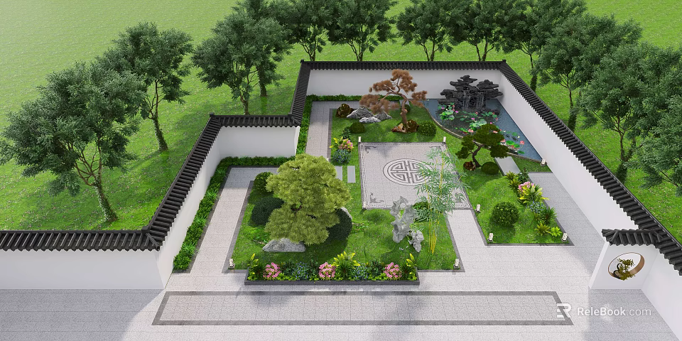 Classical Garden Landscape Design With Lush Green Plants Stone Paths And Decorative Pond 3d model 