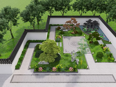 Classical Garden Landscape Design With Lush Green Plants Stone Paths And Decorative Pond 3d model