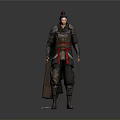 Man in Traditional Ancient Dark Armor With Red Decorative Belt Weapon at Waist Wearing Helmet