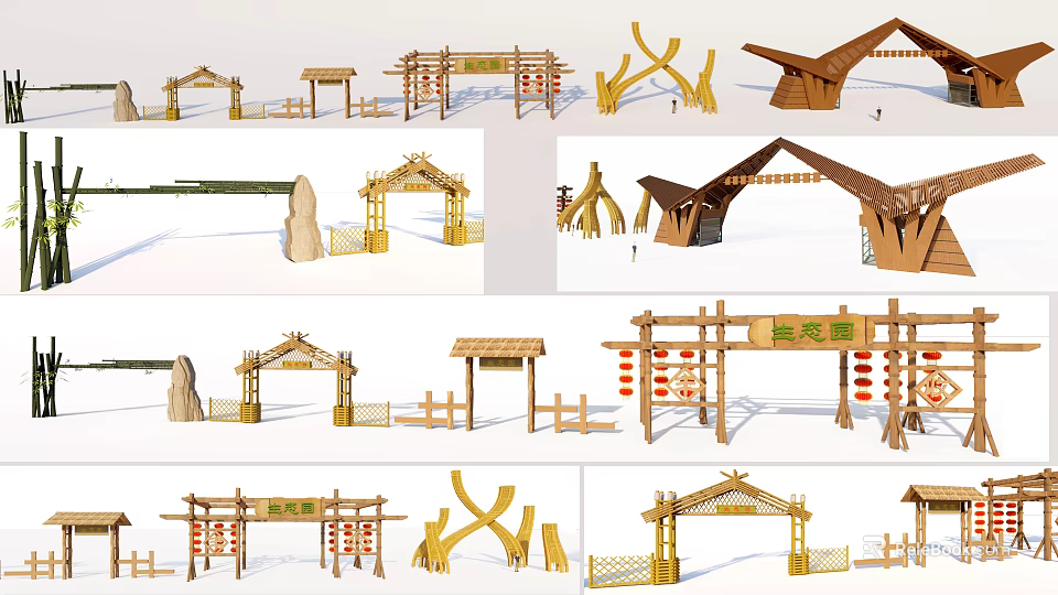 Various Designs Of Traditional Chinese Wooden Entrance Gates With Lanterns And Decorative Elements 3d model 
