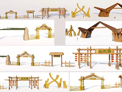 Various Designs Of Traditional Chinese Wooden Entrance Gates With Lanterns And Decorative Elements 3d model