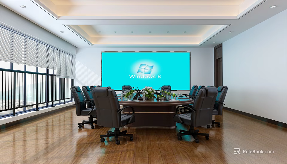 Modern Conference Room With Large Screen Windows 8 Logo Meeting Table And Office Chairs 3d model 