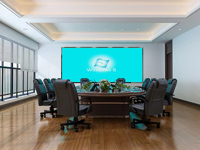 Modern Conference Room With Large Screen Windows 8 Logo Meeting Table And Office Chairs 3d model