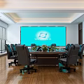 Modern Conference Room With Large Screen Windows 8 Logo Meeting Table And Office Chairs