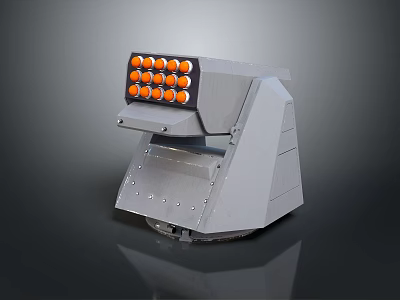 Gray Mechanical Weapon Turret With Multiple Orange Barrels And Rotating Metal Base Structure 3d model