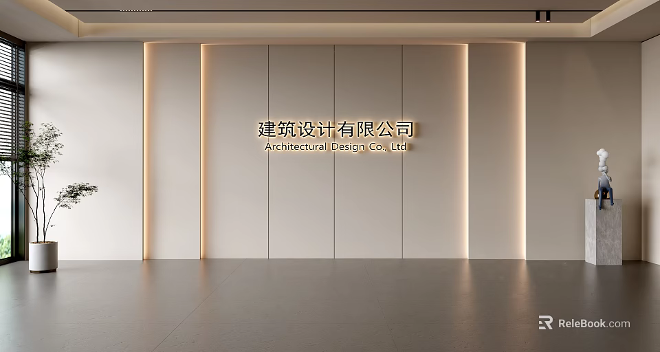 Minimalist Architectural Design Firm Background Wall with Panel Design and LED Strip Lighting in Modern Interior 3d model 