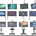 Modern Televisions With Hanging And Stand Mounts Displaying Scenic Abstract And Data Visuals 3d model