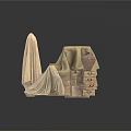 Sculptural Art Display With Beige Cloth Covered Objects Clay Jar And Wooden Chest Drawers