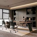 Contemporary Office Interior With Spacious Desk Ergonomic Chairs Built in Bookshelves And Large Windows