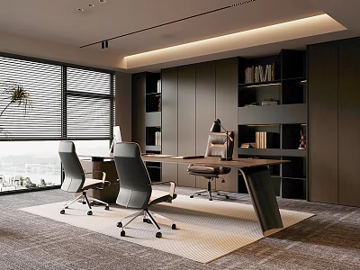 Contemporary Office Interior With Spacious Desk Ergonomic Chairs Built in Bookshelves And Large Windows 3d model
