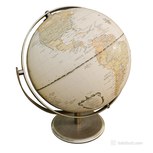 Antique Globe With Detailed World Map On Sturdy Metal Stand Base 3d model 