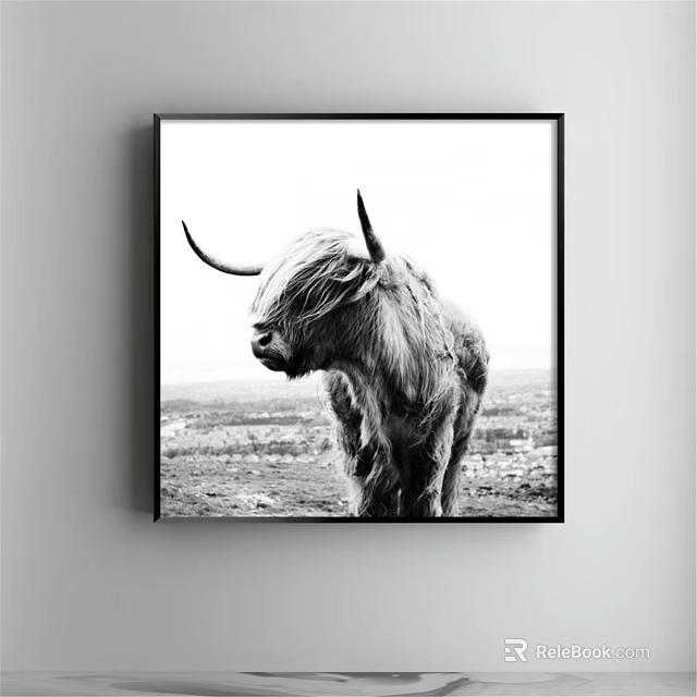 Black and White Highland Cow Framed Animal Painting with Scenic Landscape Background 3d model 
