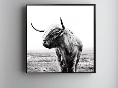 Black and White Highland Cow Framed Animal Painting with Scenic Landscape Background 3d model