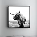 Black and White Highland Cow Framed Animal Painting with Scenic Landscape Background