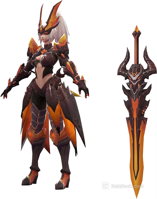 Fantasy Game Character In Black Orange Armor With Giant Sword 3d model 