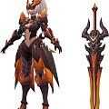 Fantasy Game Character In Black Orange Armor With Giant Sword
