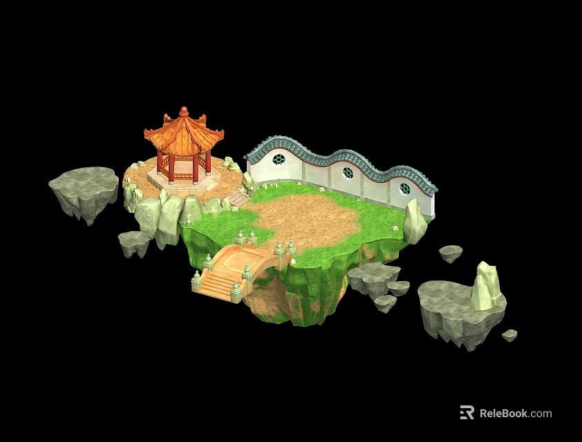 Micro Landscape Design Featuring Red Temple Pavilion Green Grass And Stone Elements 3d model 
