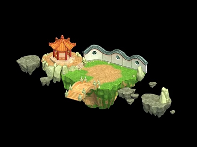 Micro Landscape Design Featuring Red Temple Pavilion Green Grass And Stone Elements 3d model