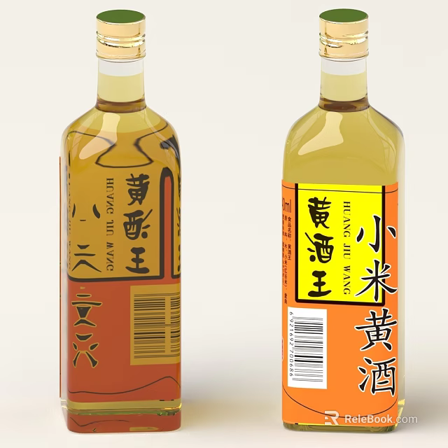 Traditional Chinese Rice Wine Bottles Xiaomi Huangjiu and Huangjiu Wang with Labels 3d model 