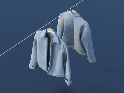 Two Light Blue Casual Jackets Hanging On A Rope With Zippers Against Light Blue Background 3d model
