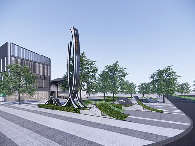 Modern Spiritual Fortress with Sleek Metal Design in Urban Plaza Surrounded by Greenery and Trees 3d model