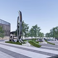 Modern Spiritual Fortress with Sleek Metal Design in Urban Plaza Surrounded by Greenery and Trees