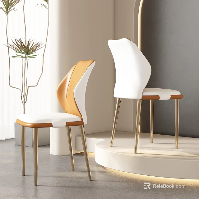 Modern Dining Chairs With Orange And White Curved Backrest And Golden Metal Legs Design 3d model 