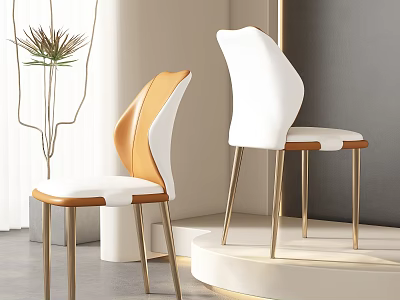 Modern Dining Chairs With Orange And White Curved Backrest And Golden Metal Legs Design 3d model