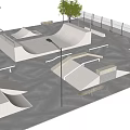 Skate Park Landscape Design With Various Skate Ramps Benches Trees And Street Lamps