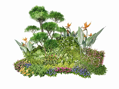 Vibrant Plant Combination With Trees Orange Flowers Purple Blooms And Lush Greenery 3d model