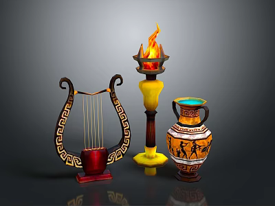 Elegant Classical Household Items Including Flaming Torch Ornate Harp And Decorative Vase With Intricate Designs 3d model