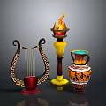 Elegant Classical Household Items Including Flaming Torch Ornate Harp And Decorative Vase With Intricate Designs