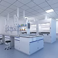 Laboratory Interior With White Fume Hoods Lab Benches Blue Flooring Ceiling Lights And Wall Chart