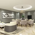 Modern Private Dining Room Interior Design Featuring Round Table Chairs Chandelier Artwork Sofa And TV 3d model
