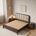 Modern Double Bed With Upholstered Headboard Nightstands Table Lamp Decorative Art And Wall Clock