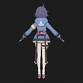 Anime Woman Character Design With Purple Black Hair Blue Coat And Pink Boots