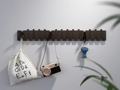 Wall Mounted Wooden Hook Rack Displaying Canvas Bag Vintage Camera Decorative Pendant 3d model