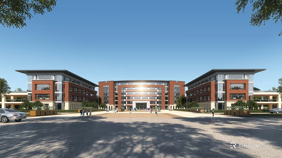 Multi Story Red Brick School Building With Central Main Structure And Open Front Plaza 3d model 