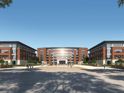 Multi Story Red Brick School Building With Central Main Structure And Open Front Plaza 3d model