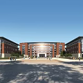 Multi Story Red Brick School Building With Central Main Structure And Open Front Plaza