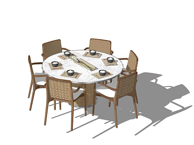 Stylish Dining Table Set With Round White Marble Top And Four Brown Woven Chairs 3d model