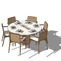 Stylish Dining Table Set With Round White Marble Top And Four Brown Woven Chairs