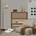 Modern Minimalist Single Sofa With Beige Upholstery Rattan Cabinet And Floor Lamp