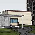 Garden Landscape Design With Modern Pavilion Curved Pathway Lush Greenery Near High Rise Building